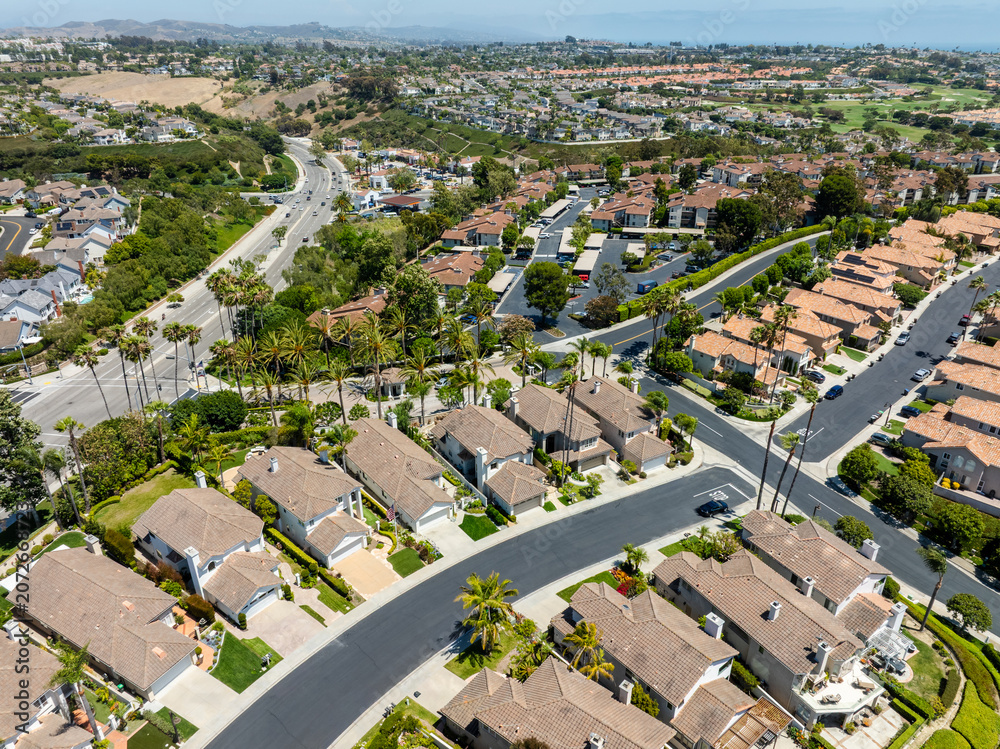 Fototapeta premium Aerial drone view of a sunny California neighborhood