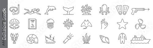 Foto Scuba diving and ocean life line icon set – editable outline symbols of diver, d