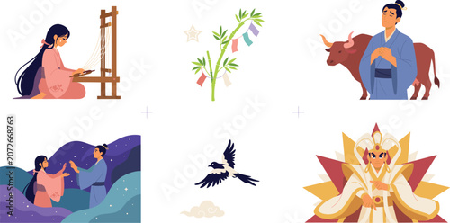 Принти на полотні Japanese Tanabata Festival Vector Illustration Set Featuring Orihime Hikoboshi C