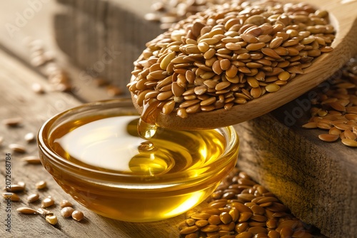 Golden Flaxseed Oil Pouring from Wooden Spoon into Glass Bowl on Rustic Table