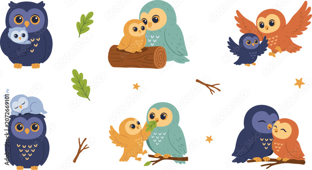 Obraz premium Cute Owl Family and Motherhood Set with Parent and Baby Owlet Characters Hugging Sleeping Flying and Feeding Vector Graphic Illustration Designs