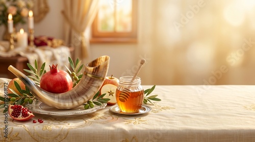Rosh Hashanah, elegant shofar horn surrounded by pomegranates, apples, honey jar and olive branches