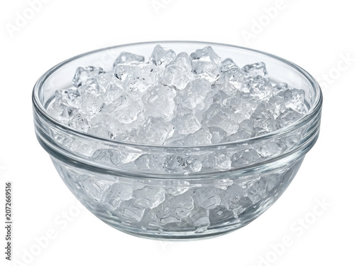 Crushed ice cubes in a clear glass bowl with cool refreshing texture isolated on transparent background