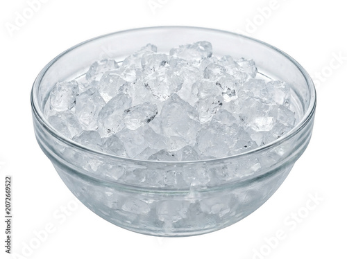 Crushed ice cubes filling a clear glass bowl with crisp refreshing clarity isolated on transparent background