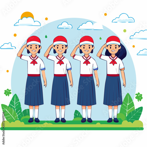 Four school children in uniform saluting