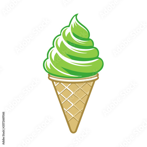 Green soft serve ice cream in waffle cone vector illustration