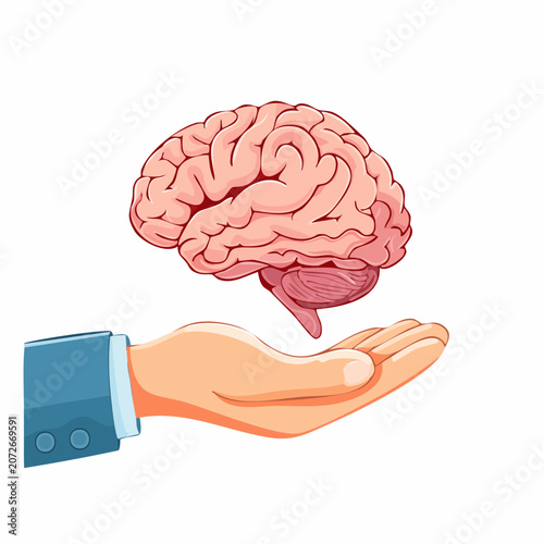 Hand holding a human brain illustration