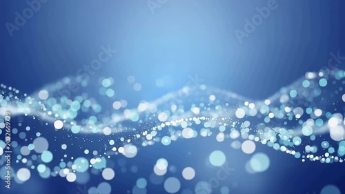 Blue Bokeh Particle Wave Background with Glowing Glitter Dots and Defocused Lights