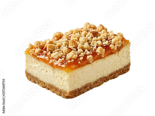 Decadent cheesecake slice with apricot jam and nutty crumble topping isolated on transparent background