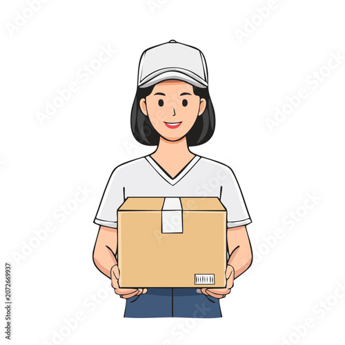 Woman holding cardboard box, flat vector illustration