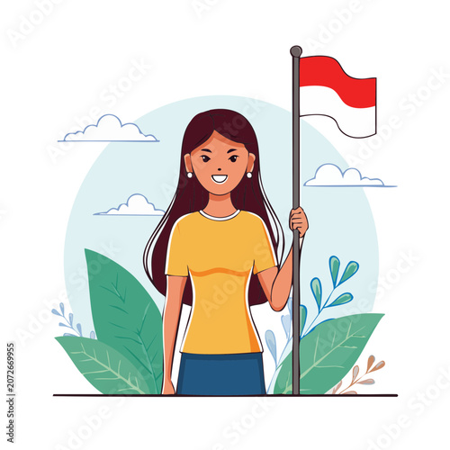 Woman holding national flag in flat illustration style