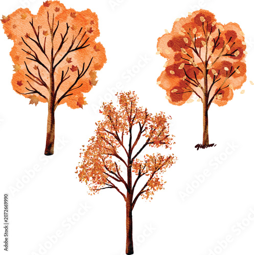 Watercolor autumn tree illustration set