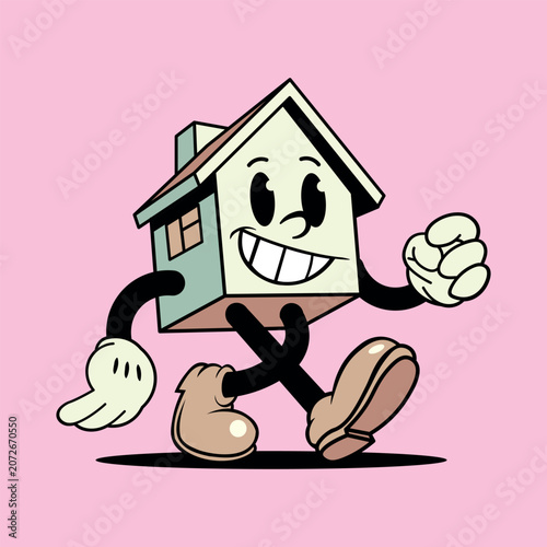 Walking house mascot character in retro cartoon rubber hose style