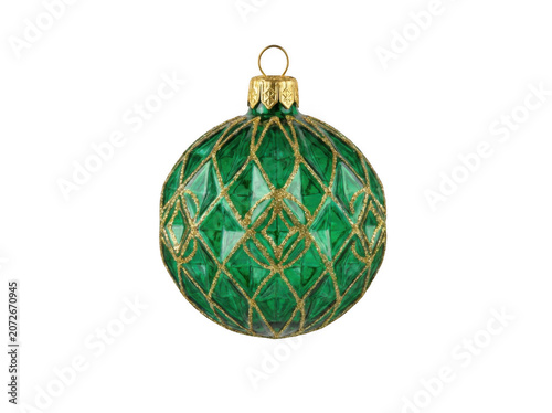 Emerald green glass Christmas ornament with gold filigree detail hanging isolated on transparent background