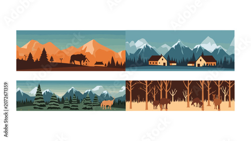 Foto Four Seasons Landscape Collection: A quartet of stylized illustrations depicting diverse natural landscapes, showcasing mountains, forests, and rural settlements across various seasons