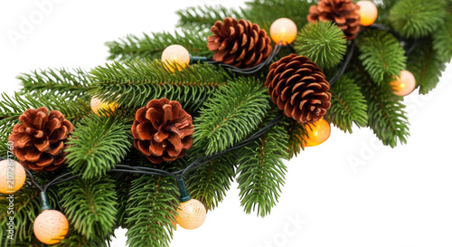 Evergreen pine garland with pinecones and warm fairy lights during festive season Isolated on transparent background