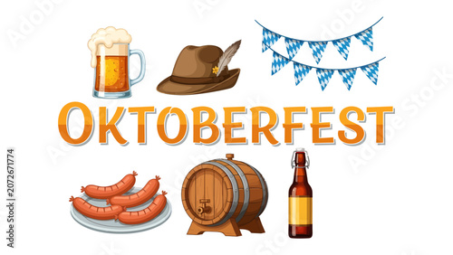 Bild auf Leinwand Oktoberfest Celebration Elements: A delightful arrangement of traditional Oktoberfest symbols including a foamy beer mug, a feathered hat, festive bunting, juicy sausages, a wooden barrel