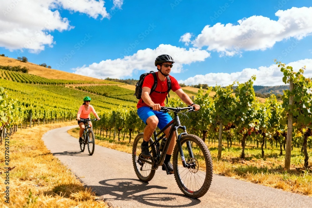 Naklejka premium Cyclists Riding Through Vineyard on Sunny Day