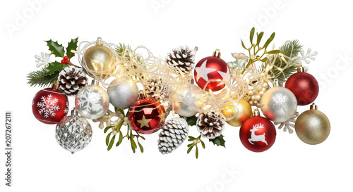 Festive Christmas garland with baubles pinecones and glowing lights for holiday decoration Isolated on transparent background