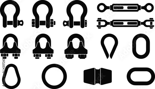 Tableau sur toile Rigging Hardware and Lifting Equipment Silhouette Icon Set Featuring Anchor Bow