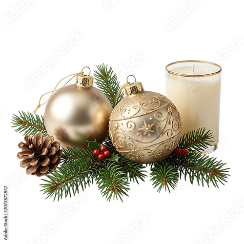 Golden christmas ornaments with candle pine cone and green fir branches for holiday decoration
