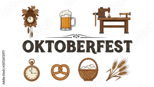 Oktoberfest Icons: A collection of traditional Bavarian symbols representing the spirit of Oktoberfest, including a cuckoo clock, a stein of beer, a wood lathe, a pocket watch, a pretzel.