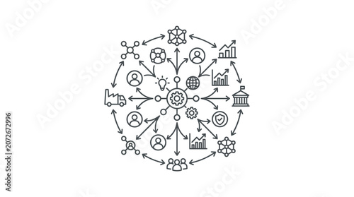 Comprehensive business ecosystem network with central innovation icon.