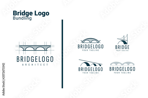 Bridge Architecture Logo Set with Architect Blueprint Grid Lines and Modern Suspension Cable Tower Concept Bundle