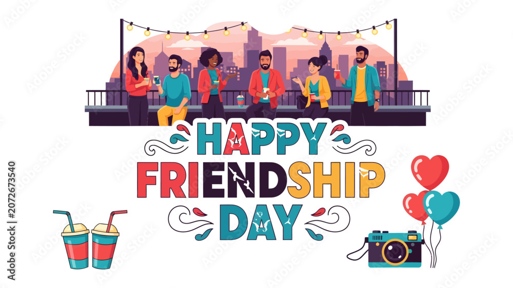 Fototapeta premium Happy Friendship Day Celebration: A vibrant illustration depicts a diverse group of friends enjoying a rooftop gathering under city lights, celebrating friendship with colorful decorations, drinks.