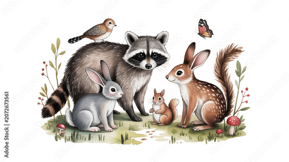 Fototapeta premium Watercolor illustration of cute forest animals including a raccoon, rabbit, squirrel, and bird with a butterfly and mushrooms on a grassy patch