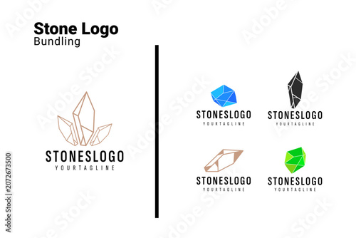 Stones Logo Set with Minimalist Crystal Cluster Line Art and Modern Low Poly Gemstone Mineral Concept Bundle