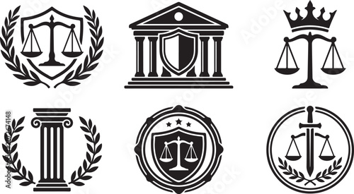 Law, justice, and royalty icons set, 6 black vector symbols