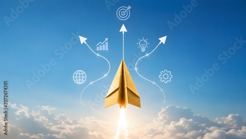 Golden paper airplane flying upward with connected business icons. Concept of startup business launch, global market expansion, and creative financial growth strategy.