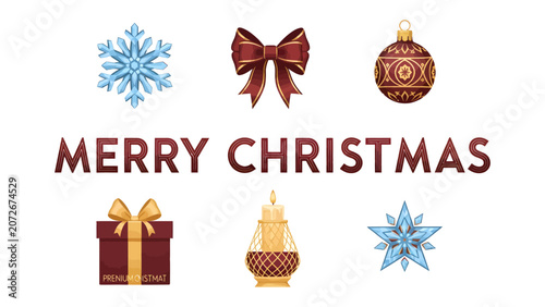 Canvastavla Merry Christmas Greeting: A festive collection of Christmas icons, including a snowflake, bow, ornament, gift box, and candle, accompany the warm wish of Merry Christmas