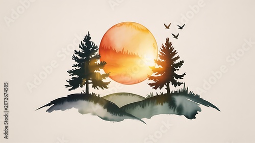 Glorious sun sets behind textured pine trees and hills with birds flying above