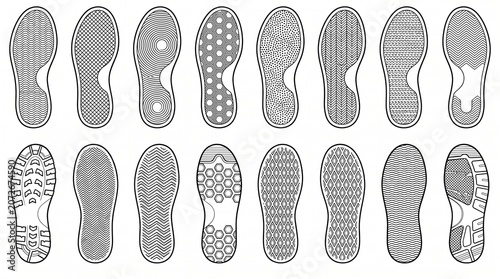 Collection of 16 Different Shoe Sole Print Patterns Vector Illustration
