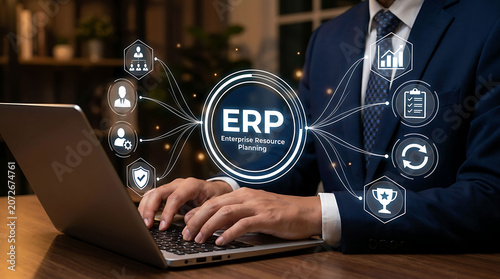 Businessman typing on laptop with ERP enterprise resource planning virtual interface