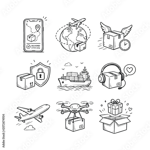 Logistics icons in hand-drawn style