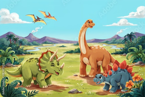 Cartoon of a green triceratops, a brown long-necked sauropod, and a blue stegosaurus playing in a prehistoric valley with flying pterosaurs