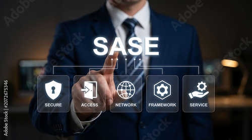 Businessman pointing at SASE secure access service edge network security concept