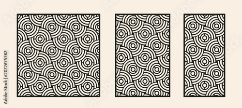 Geometric circle patterns for laser cutting. Overlapping rings vector panels for CNC router.
