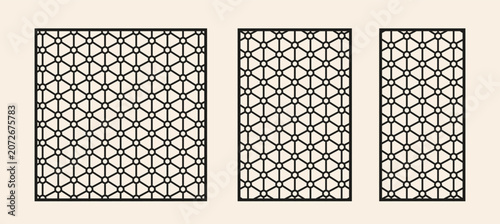 Decorative laser cut panels with geometric triangle and hexagon mesh pattern. CNC laser cutting template set, geometric privacy screen, vector fence panels.