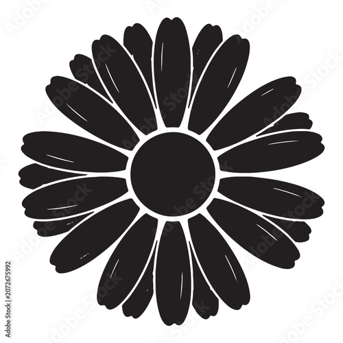 A bold black silhouette of a cheerful daisy flower radiating joyful energy in minimalist art style