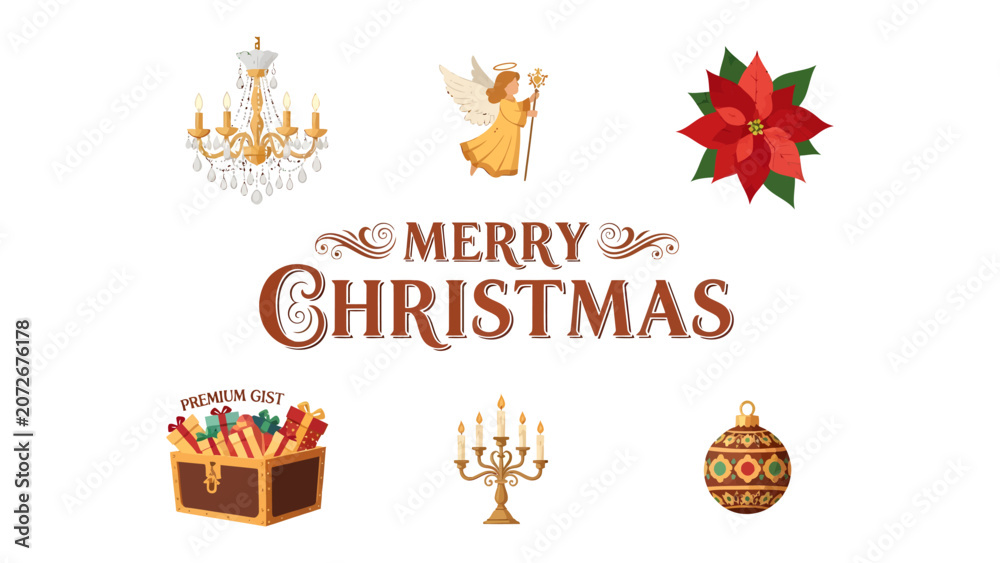 Naklejka premium Christmas Greeting Collection: A charming compilation of festive Christmas icons, including a chandelier, angel, poinsettia, treasure chest full of gifts, candelabra, and ornament.
