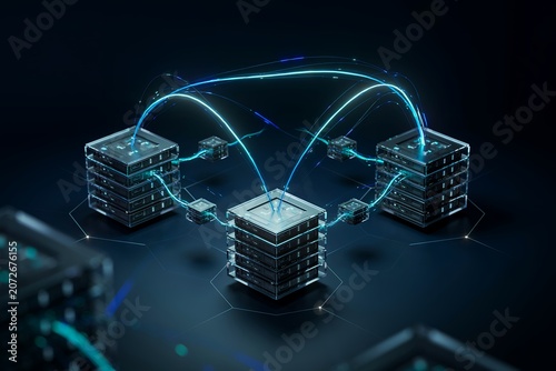 Conceptual visualization of interconnected server towers with glowing blue light beams representing data transfer and cloud computing infrastructure