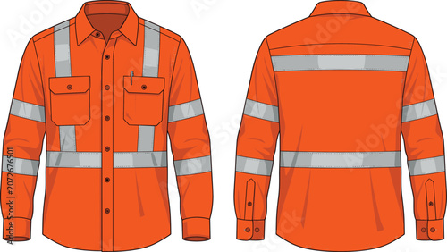 High Visibility Safety Orange Long Sleeve Work Shirt Front and Back View Vector Illustration with Reflective Tapes Technical Apparel Template Mockup