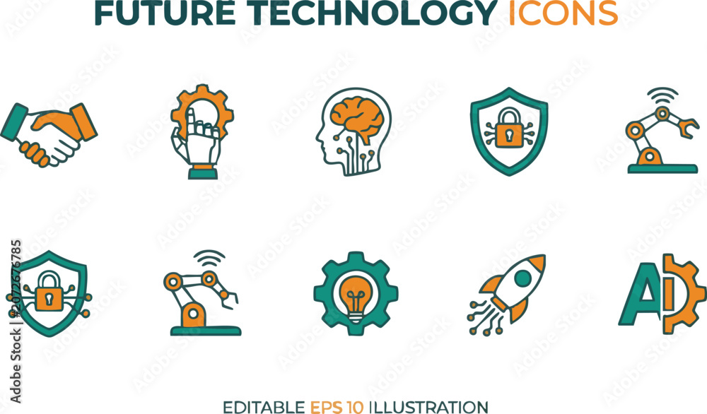 Fototapeta premium Future Technology Icon Set – Artificial Intelligence, Cybersecurity, Smart Automation, Robotics and Digital Innovation Flat Vector Icons