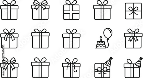 Collection of gift box icons simple line art design for celebration and holiday themes isolated on white background
