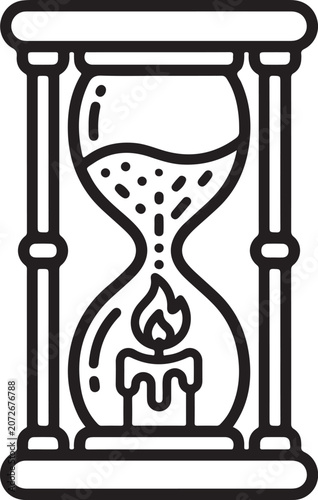 Hourglass with Burning Candle Inside Timer Line Art Vector Illustration