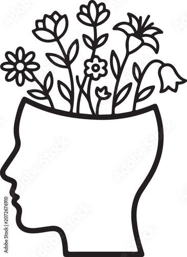 Human Head Profile with Growing Flowers Line Art Vector Illustration